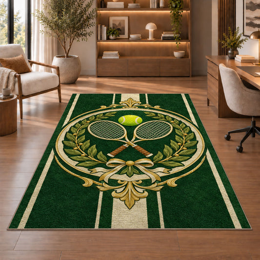 Vintage Tennis Crest Rug in a home office with wooden shelves