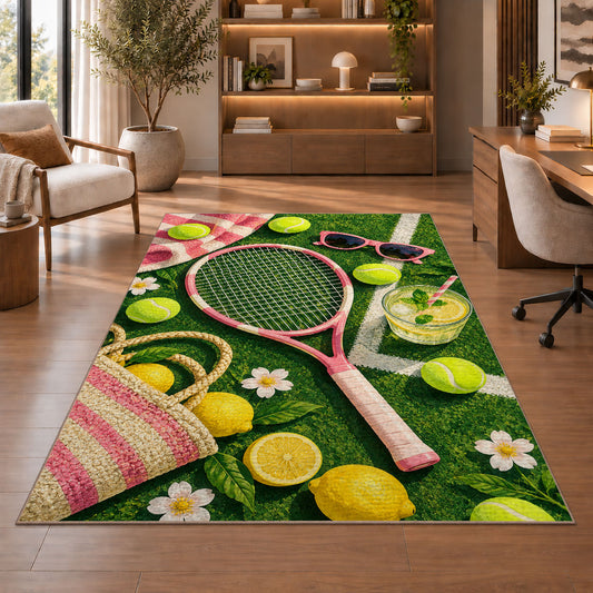 Summer Tennis Rug in a home office with wooden shelves