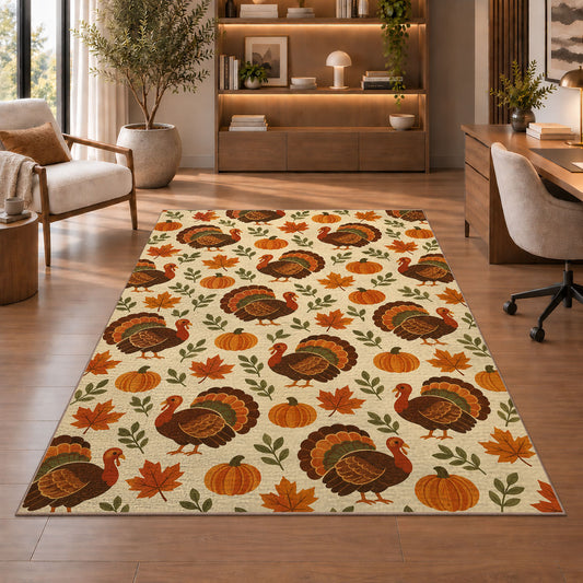 Turkey and Pumpkin Pattern Rug in a home office with wooden shelves