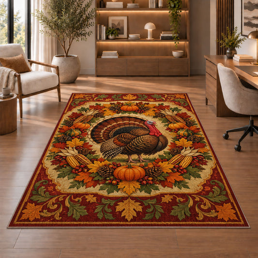 Autumn Wreath Turkey Rug in a home office with wooden shelves