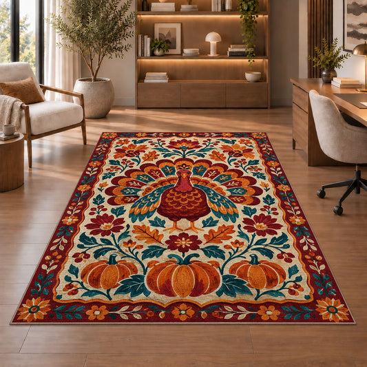 Folk Art Turkey Rug in a home office with wooden shelves