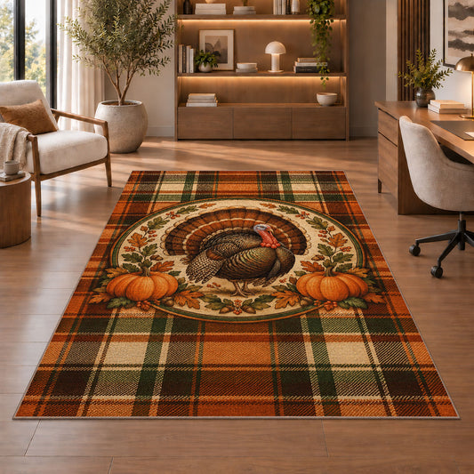 Tartan Plaid Turkey Rug in a home office with wooden shelves