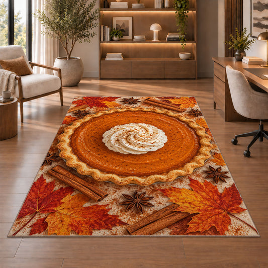 Pumpkin Pie Rug in a home office with wooden shelves