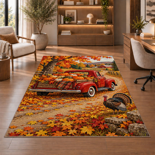 Red Vintage Truck Pumpkin Rug in a home office with wooden shelves