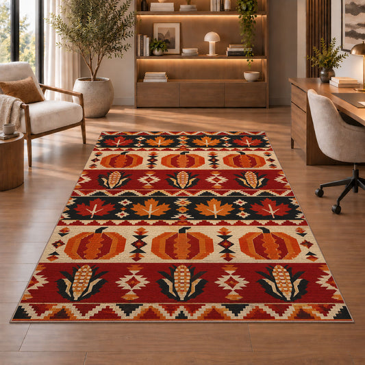 Southwestern Pumpkin Corn Rug in a home office with wooden shelves