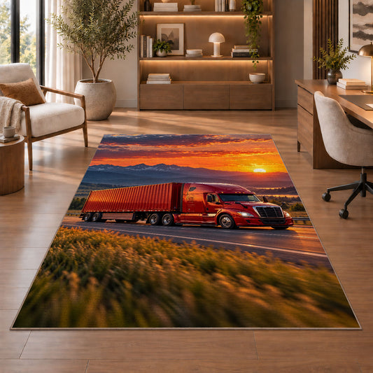 Red semi truck at sunset rug in a home office with wooden shelves