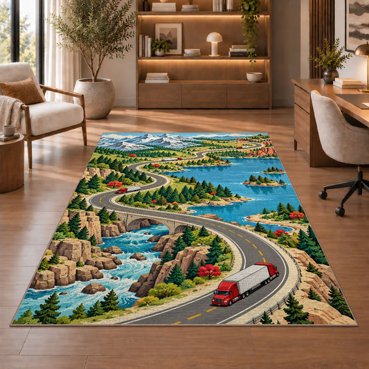 Illustrated road map with trucks rug in a home office with wooden shelves
