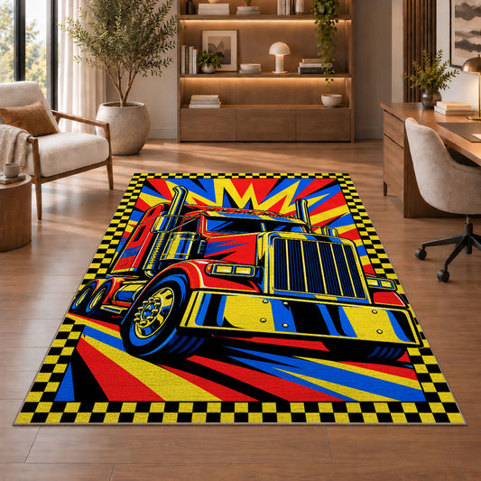 Pop art semi truck rug in a home office with wooden shelves