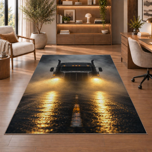 Semi truck headlights in fog rug in a home office with wooden shelves