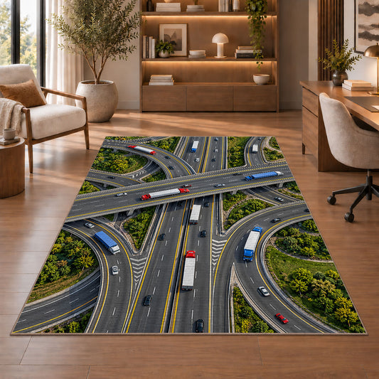 Highway interchange from above rug in a home office with wooden shelves