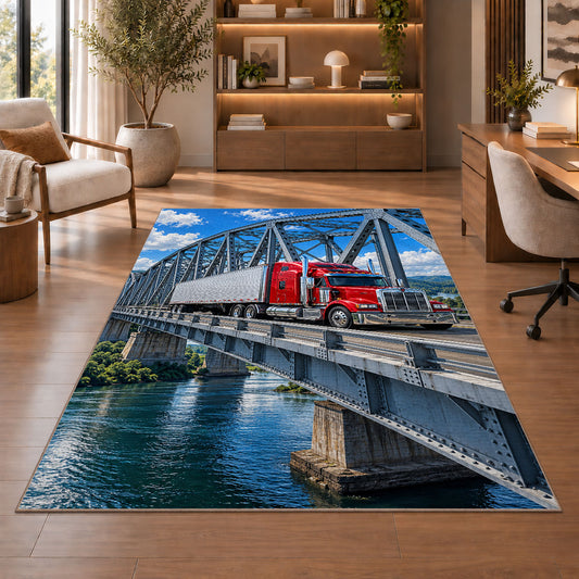 Semi truck crossing a steel bridge rug in a home office with wooden shelves
