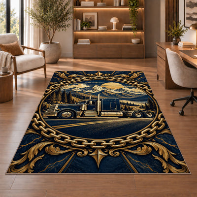 Trucker badge emblem rug in a home office with wooden shelves