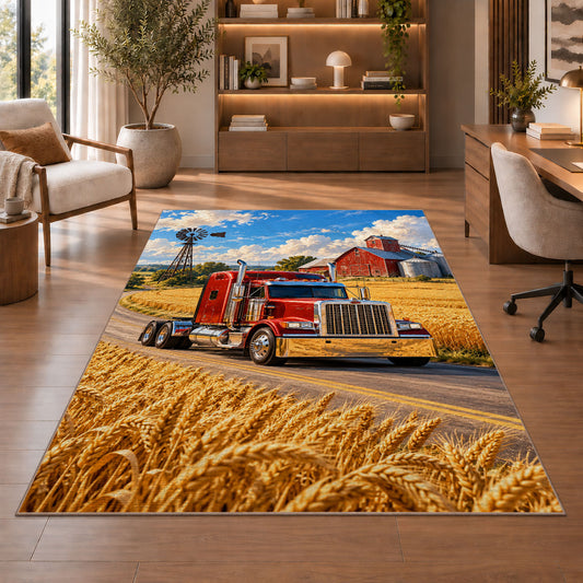 Semi truck on a country road rug in a home office with wooden shelves
