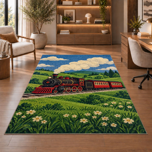 Vintage Steam Train Rug in a home office with wooden shelves