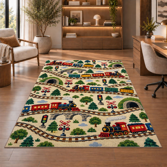 Train Pattern Rug in a home office with wooden shelves