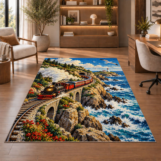 Coastal Train Rug in a home office with wooden shelves