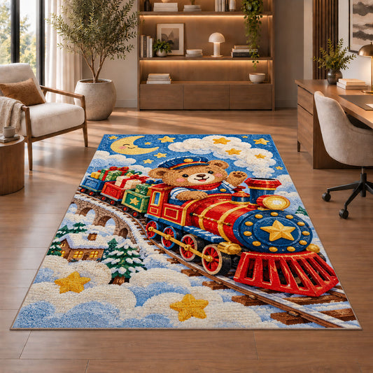 Teddy Bear Train Rug in a home office with wooden shelves