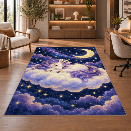 unicorn sleeping on a cloud rug in a home office with wooden shelves