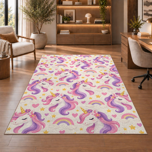 unicorn heads pattern with rainbows rug in a home office with wooden shelves