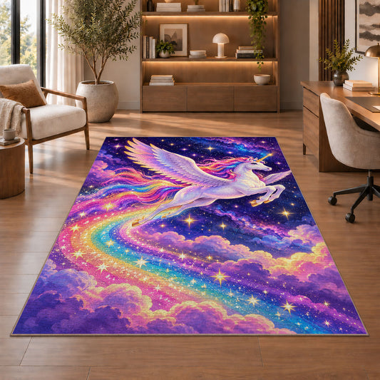 winged unicorn flying through stars rug in a home office with wooden shelves