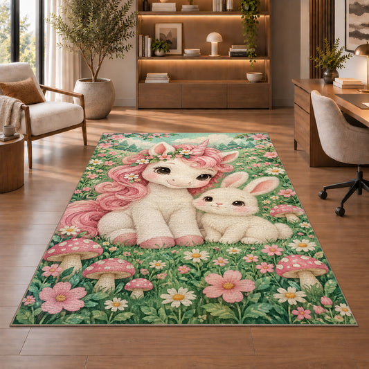 baby unicorn and bunny friend rug in a home office with wooden shelves