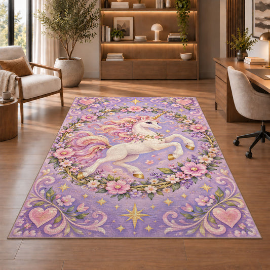 leaping unicorn in a floral wreath rug in a home office with wooden shelves
