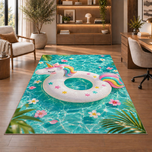 unicorn pool float rug in a home office with wooden shelves