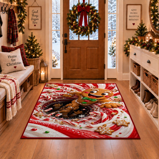 A cheerful gingerbread figure with a green bow pops out of a bold peppermint spiral; rug shown in a Christmas entryway