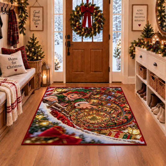 A smiling elf leans over a sweeping spiral of glowing toys and wrapped presents; rug shown in a Christmas entryway