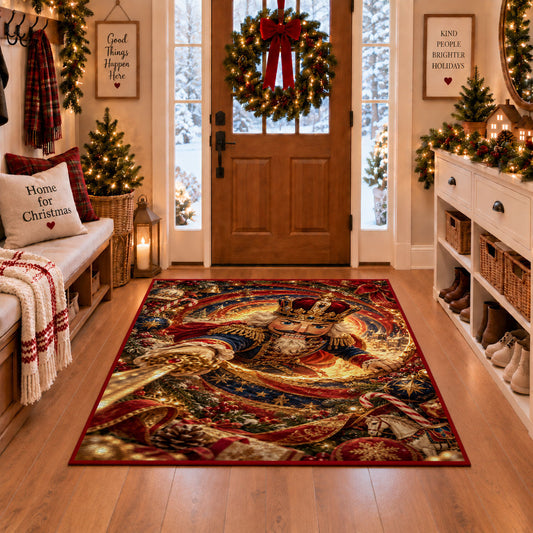 A decorative nutcracker soldier in an ornate red and blue uniform holds a golden sword within glowing spiral rings; rug shown in a Christmas entryway