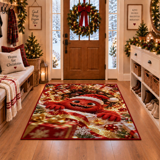 A friendly red furry monster wearing a Santa hat reaches through a glowing spiral of presents; rug shown in a Christmas entryway