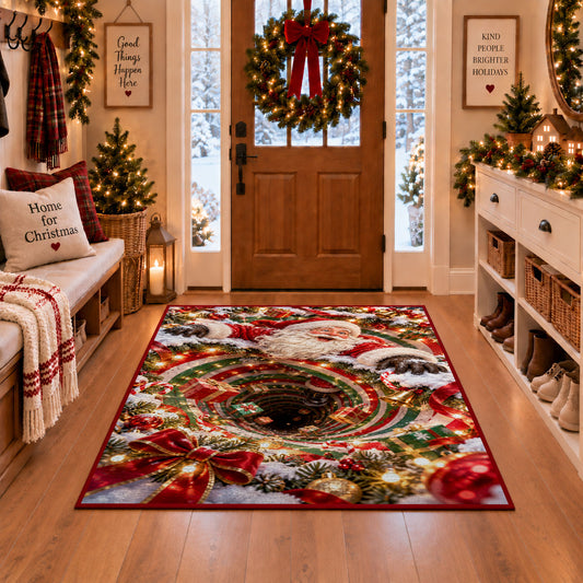 Santa appears above a deep red and green spiral edged with glowing golden lights; rug shown in a Christmas entryway