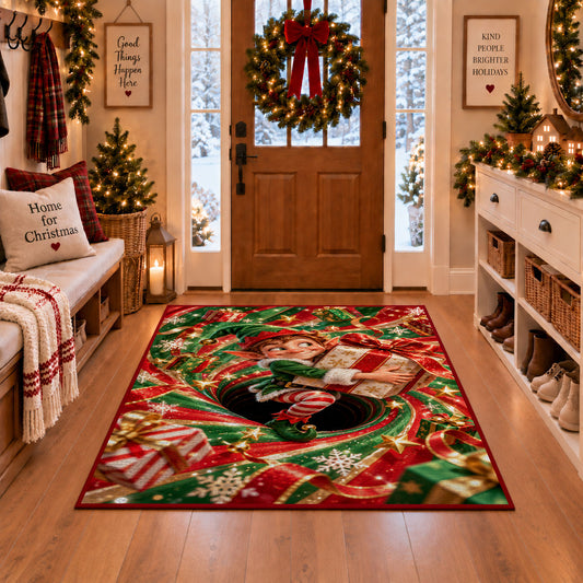 A smiling elf clutches a wrapped present while sitting inside a red and green spiral; rug shown in a Christmas entryway