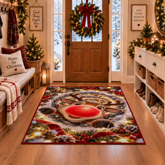A cheerful reindeer with a large red nose peeks through snowy rings of golden lights; rug shown in a Christmas entryway