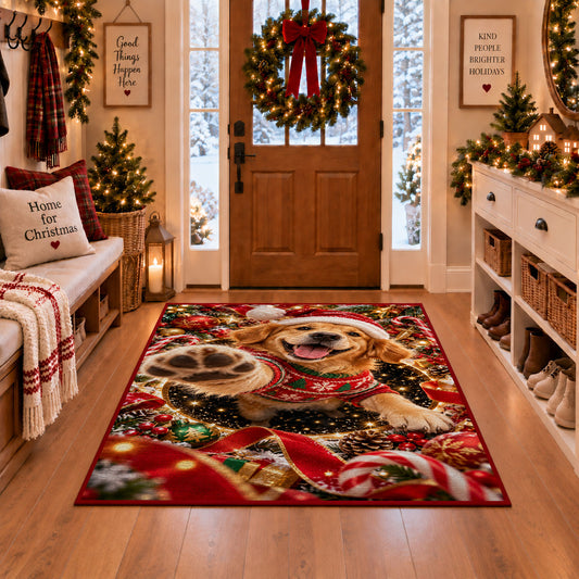 A happy golden puppy in a Santa hat and red sweater raises a soft paw toward the viewer; rug shown in a Christmas entryway