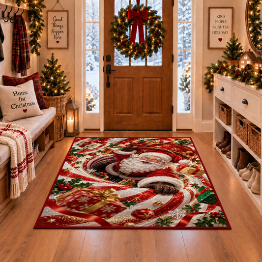 Santa Curved Candy Cane Christmas Rug in a Christmas entryway