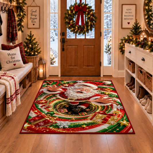Cheerful Santa Christmas Rug in a Christmas entryway