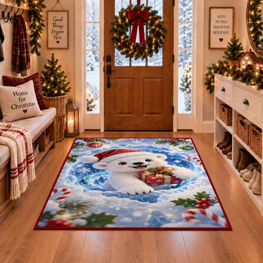 Cute Polar Bear Gift Christmas Rug in a Christmas entryway