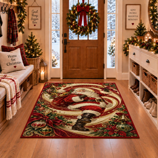 Santa swirl Christmas rug in a Christmas entryway