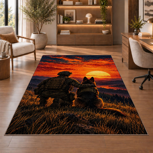 Soldier and K9 Partner rug in a home office with wooden shelves