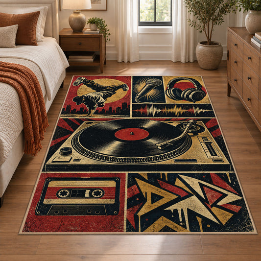 Vinyl Turntable Street Music area rug in rust, navy and cream, view 1