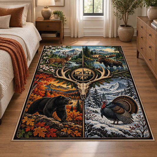 Stag Compass Wilderness Panels area rug in autumn orange, green and cream, view 1
