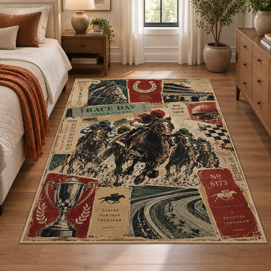 Classic Horse Race Poster Collage area rug in warm cream, rust and sage, view 1