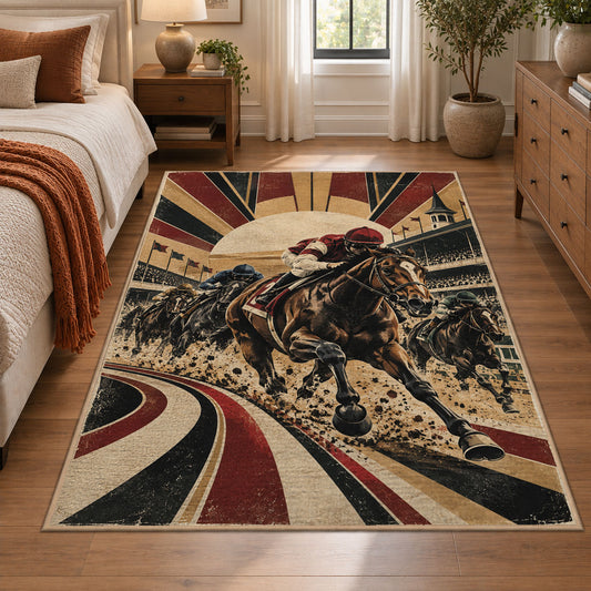Racehorses and Sunburst Track area rug in warm ochre, burgundy and slate, view 1