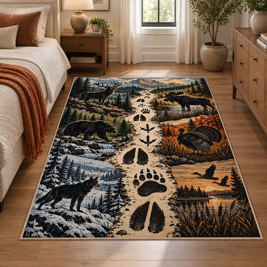 Animal Tracks and Mountain Wildlife area rug in slate blue, cream and rust, view 1