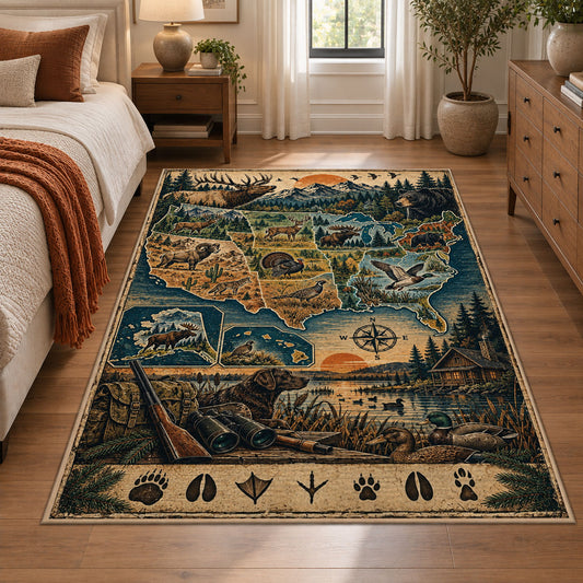 Wilderness Landscape Map area rug in muted blue, tan and green, view 1