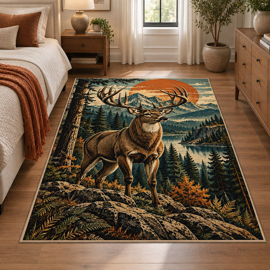 Stag in a Pine Forest area rug in sunset orange, forest green and tan, view 1