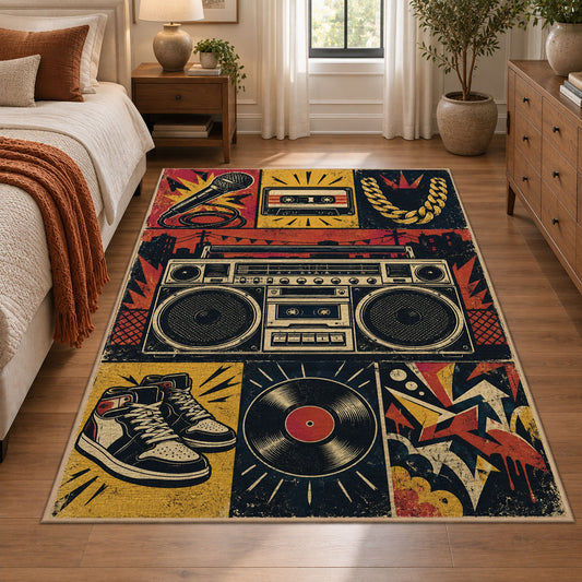 Classic Hip Hop Music Grid area rug in gold, navy and burgundy, view 1
