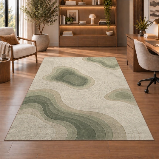 Abstract Pebble Area Rug, Sage Green Organic Shapes Rug, Soft Neutral Modern Room Decor - Image 1