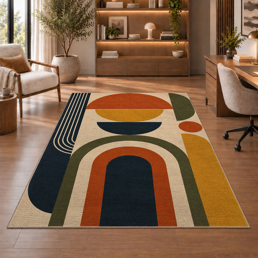 Mid Century Geometric Area Rug, Orange Olive Arch Shapes Rug, Retro Modern Room Decor - Image 1